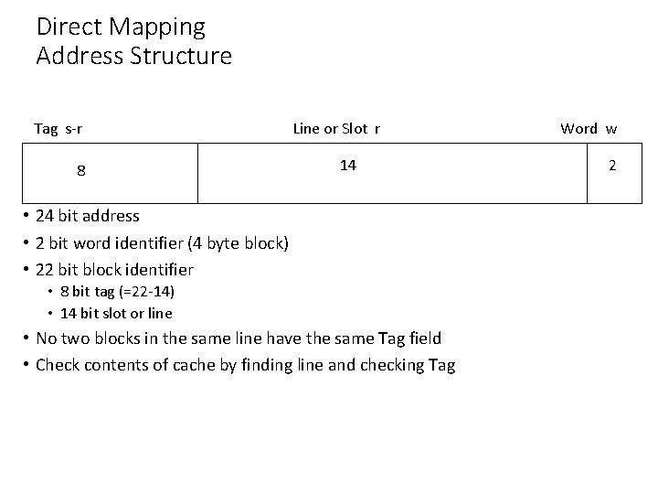 Direct Mapping Address Structure Tag s-r 8 Line or Slot r 14 • 24