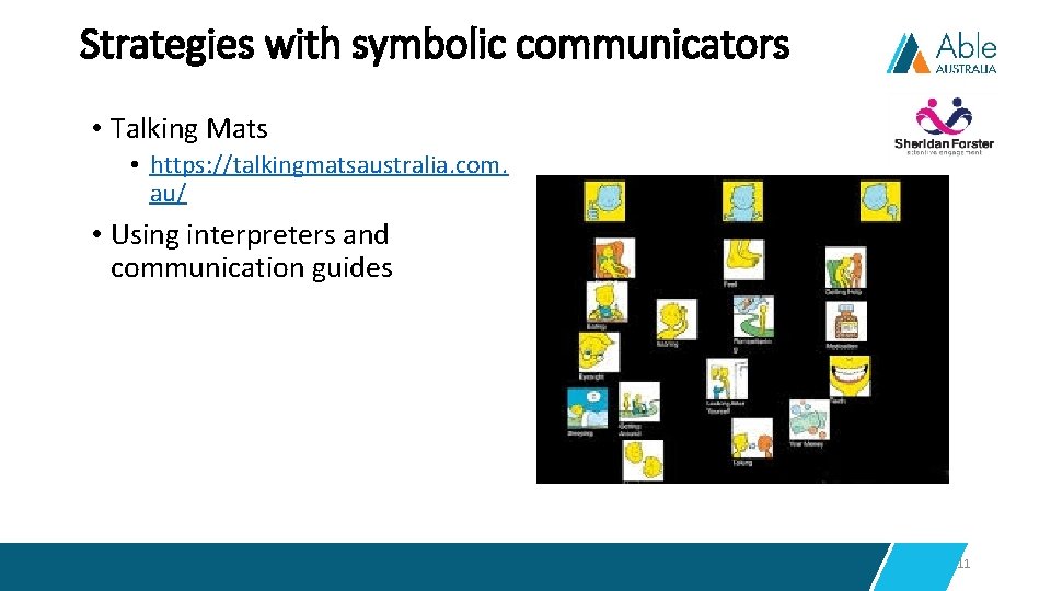 Strategies with symbolic communicators • Talking Mats • https: //talkingmatsaustralia. com. au/ • Using