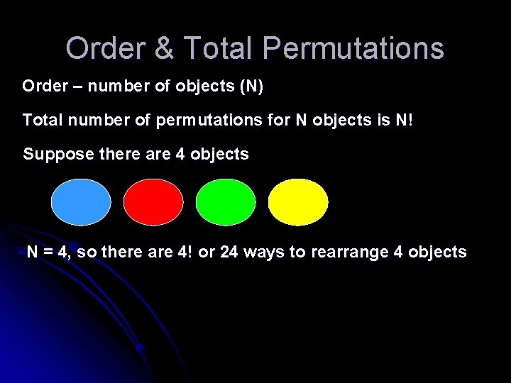Order & Total Permutations Order – number of objects (N) Total number of permutations