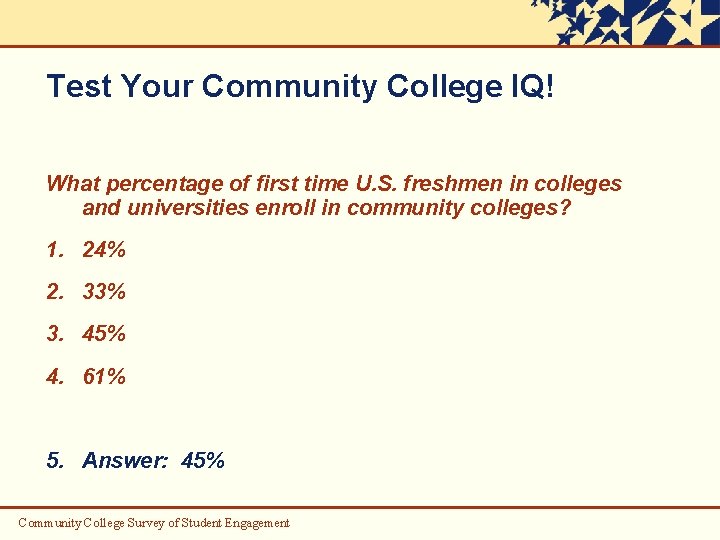 Test Your Community College IQ! What percentage of first time U. S. freshmen in