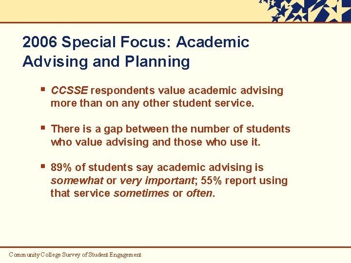 2006 Special Focus: Academic Advising and Planning § CCSSE respondents value academic advising more