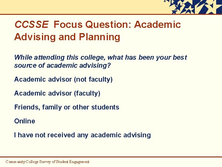CCSSE Focus Question: Academic Advising and Planning While attending this college, what has been