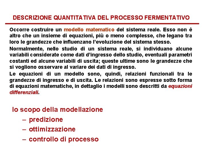 DESCRIZIONE QUANTITATIVA DEL PROCESSO FERMENTATIVO Occorre costruire un modello matematico del sistema reale. Esso