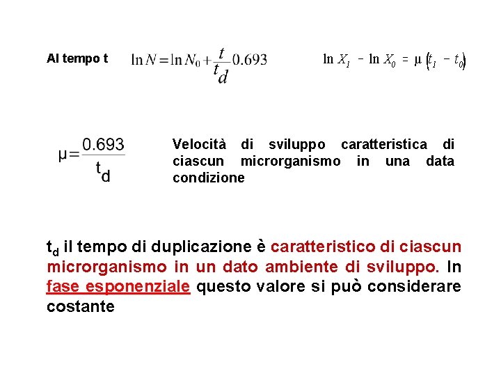 Al tempo t Velocità di sviluppo caratteristica di ciascun microrganismo in una data condizione