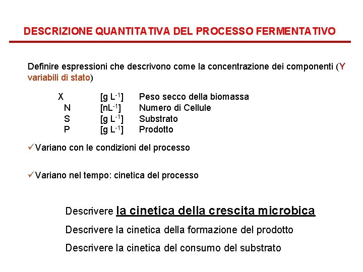 DESCRIZIONE QUANTITATIVA DEL PROCESSO FERMENTATIVO Definire espressioni che descrivono come la concentrazione dei componenti