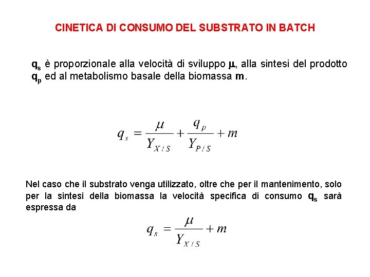 CINETICA DI CONSUMO DEL SUBSTRATO IN BATCH qs è proporzionale alla velocità di sviluppo