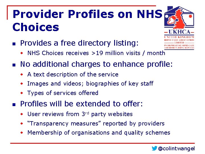Provider Profiles on NHS Choices n Provides a free directory listing: w NHS Choices Provider Profiles on NHS Choices n Provides a free directory listing: w NHS Choices