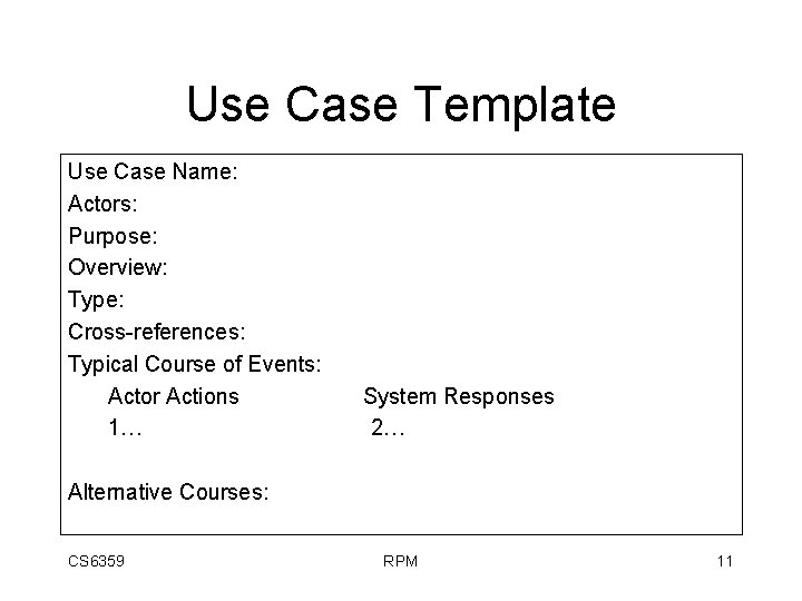 Use Case Template Use Case Name: Actors: Purpose: Overview: Type: Cross-references: Typical Course of