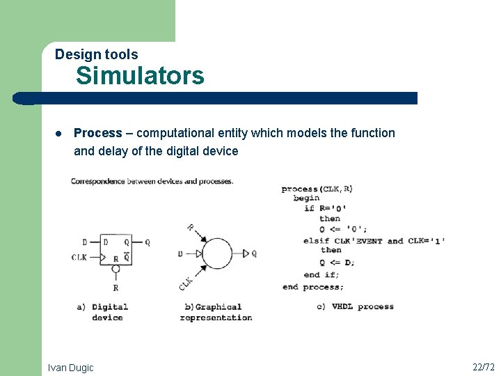 Design tools Simulators l Process – computational entity which models the function and delay