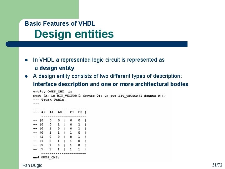  Design entities Basic Features of VHDL l l In VHDL a represented logic