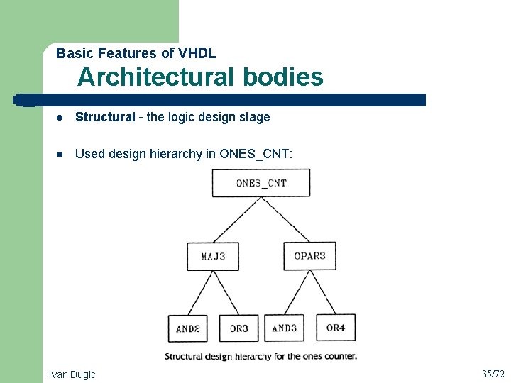  Architectural bodies Basic Features of VHDL l Structural - the logic design stage