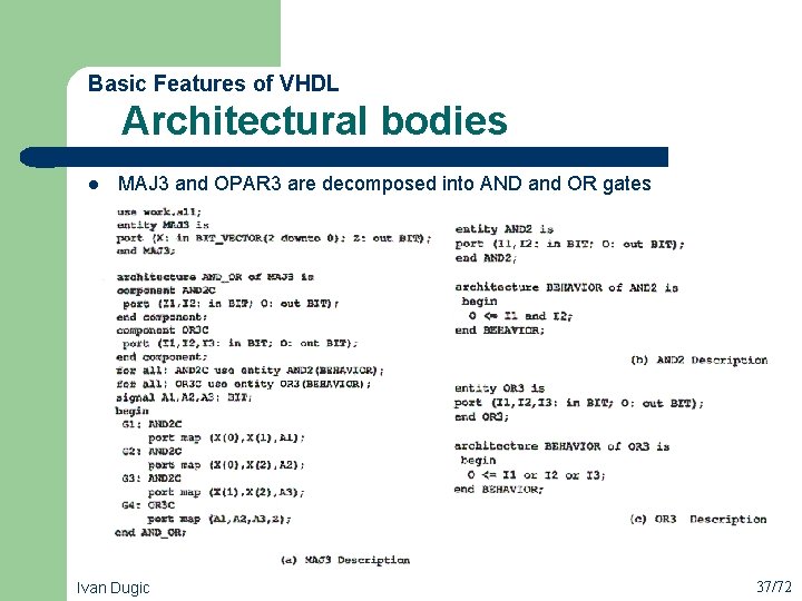 Architectural bodies Basic Features of VHDL l MAJ 3 and OPAR 3 are