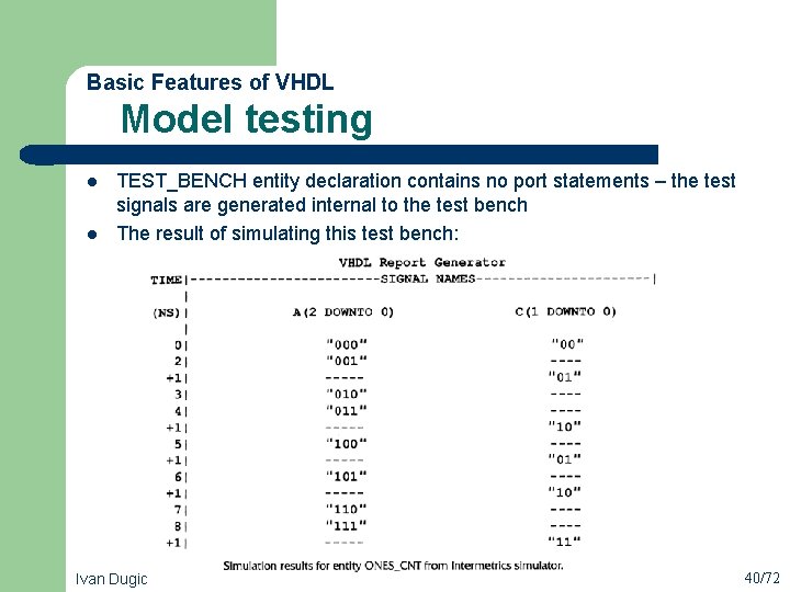  Model testing Basic Features of VHDL l l TEST_BENCH entity declaration contains no