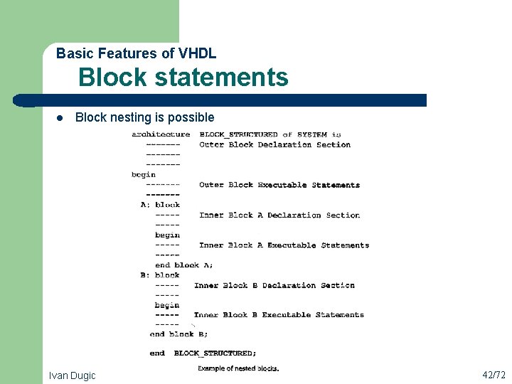  Block statements Basic Features of VHDL l Block nesting is possible Ivan Dugic