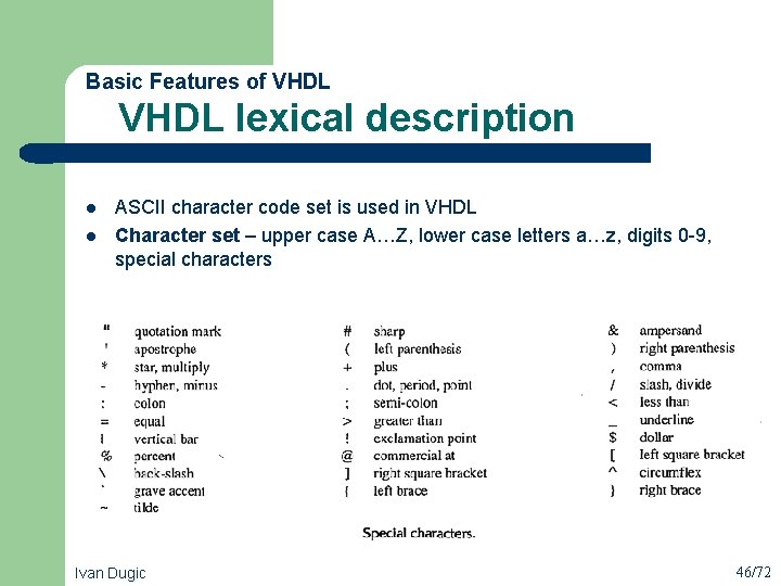  VHDL lexical description Basic Features of VHDL l l ASCII character code set