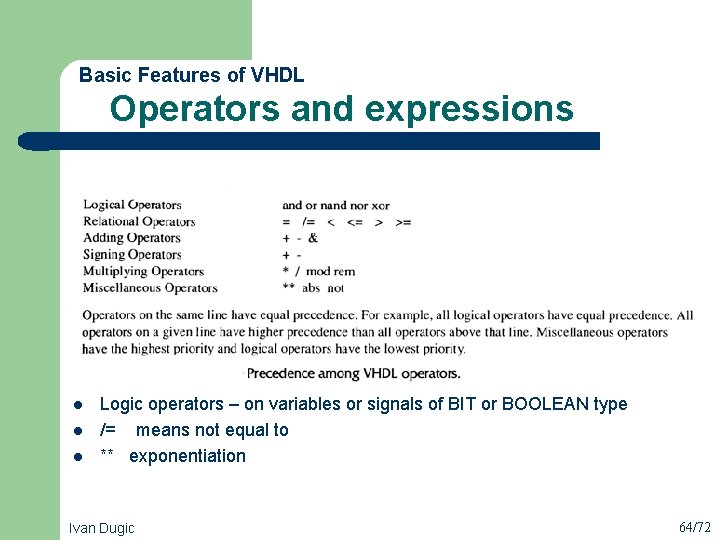  Operators and expressions Basic Features of VHDL l l l Logic operators –