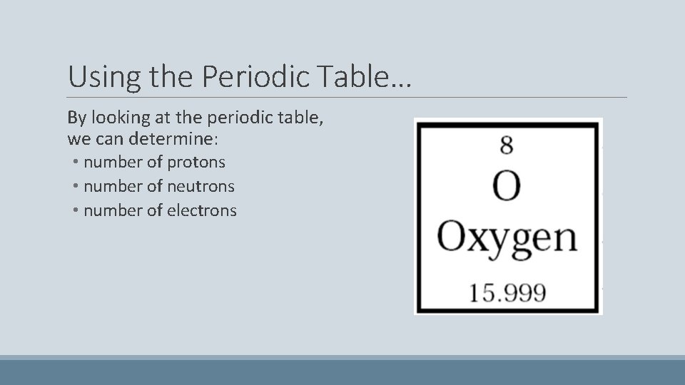 Using the Periodic Table… By looking at the periodic table, we can determine: •