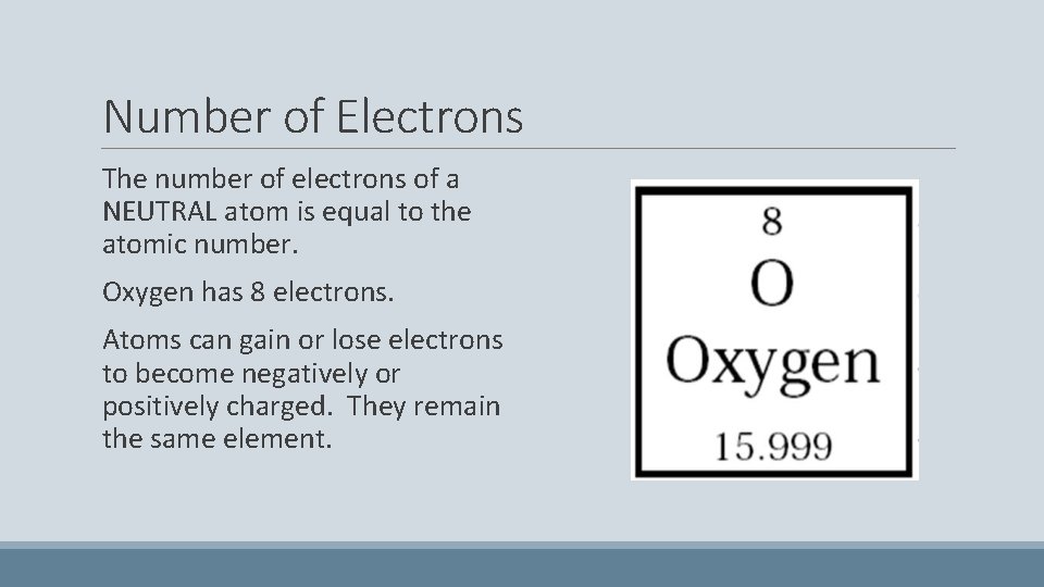 Number of Electrons The number of electrons of a NEUTRAL atom is equal to