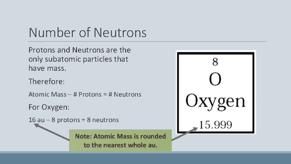 Number of Neutrons Protons and Neutrons are the only subatomic particles that have mass.