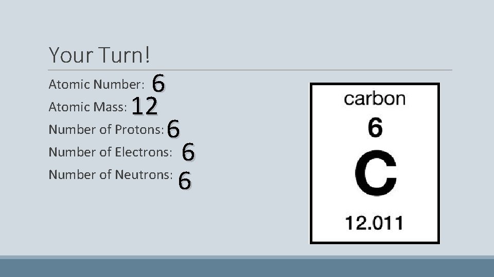 Your Turn! 6 Atomic Mass: 12 Number of Protons: 6 Number of Electrons: 6