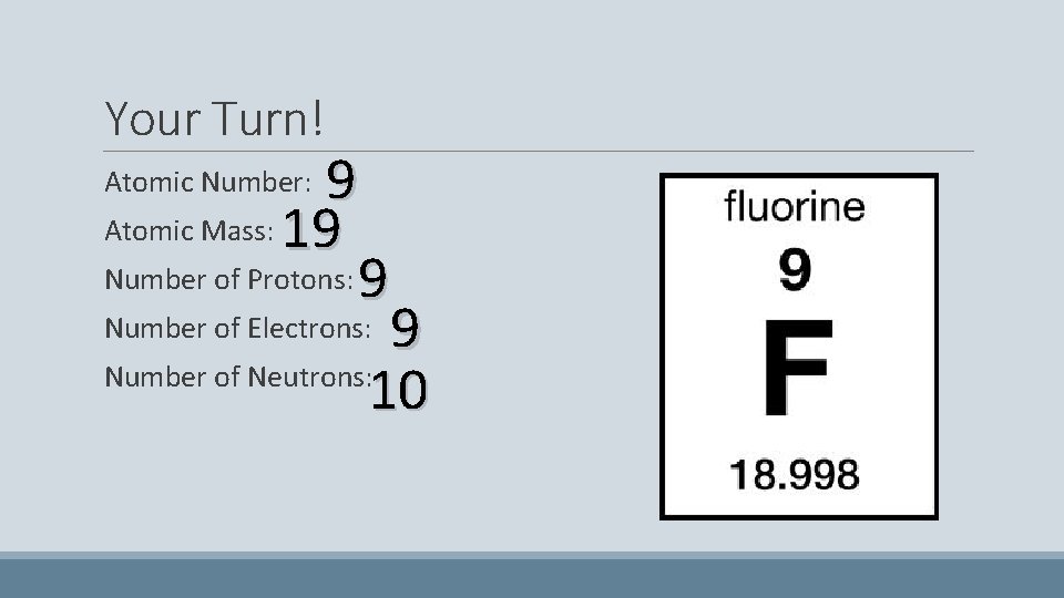 Your Turn! 9 Atomic Mass: 19 Number of Protons: 9 Number of Electrons: 9