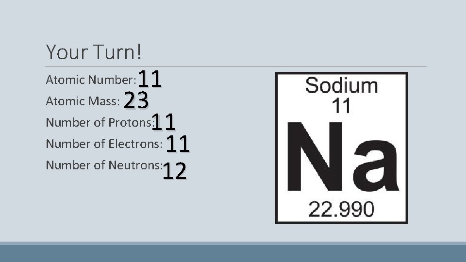 Your Turn! 11 Atomic Mass: 23 Number of Protons: 11 Number of Electrons: 11