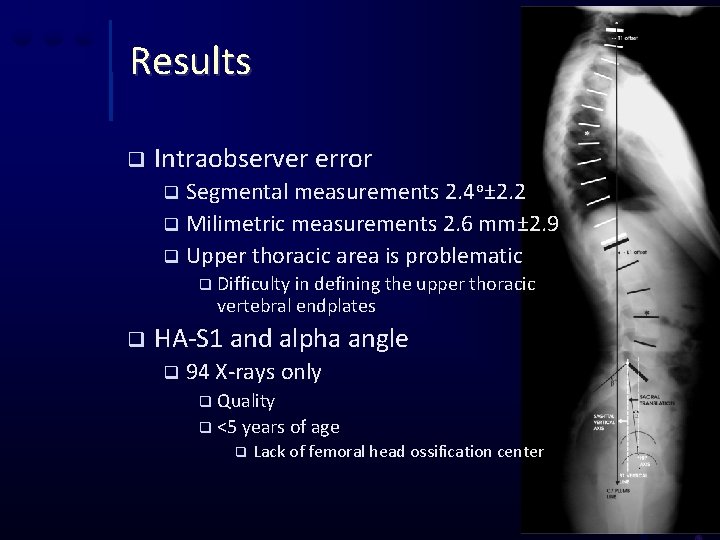 Results q Intraobserver error Segmental measurements 2. 4 o± 2. 2 q Milimetric measurements