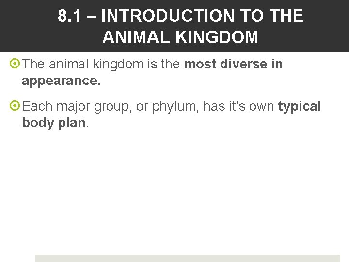 8. 1 – INTRODUCTION TO THE ANIMAL KINGDOM The animal kingdom is the most