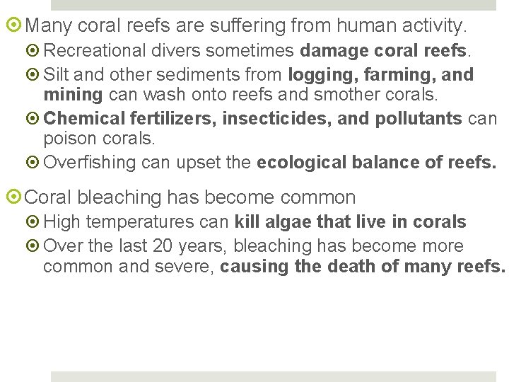  Many coral reefs are suffering from human activity. Recreational divers sometimes damage coral
