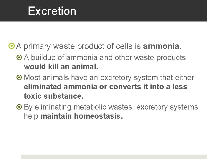 Excretion A primary waste product of cells is ammonia. A buildup of ammonia and