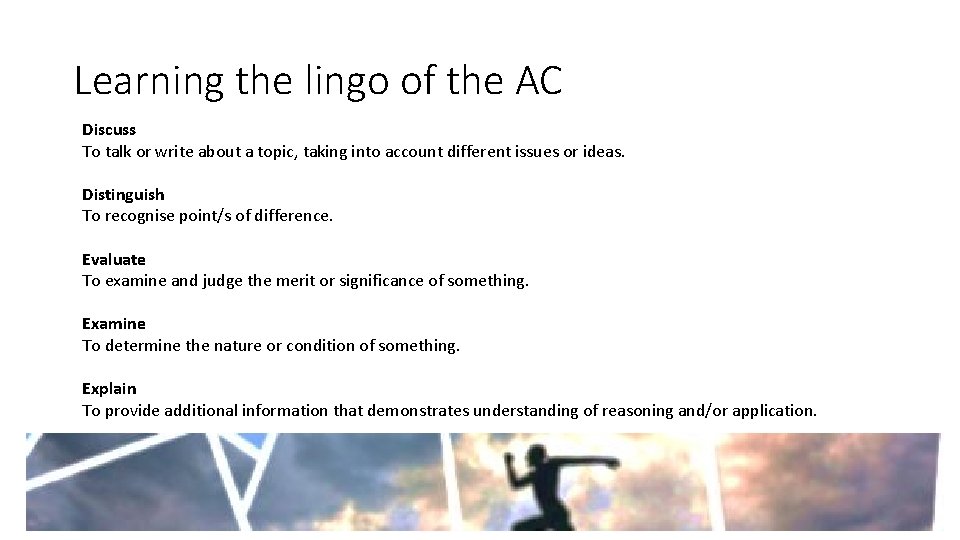 Learning the lingo of the AC Discuss To talk or write about a topic,