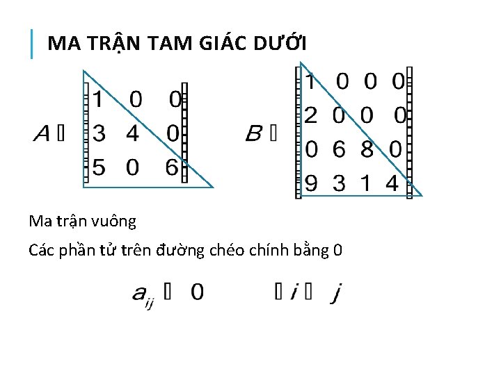 MA TRẬN TAM GIÁC DƯỚI Ma trận vuông Các phần tử trên đường chéo