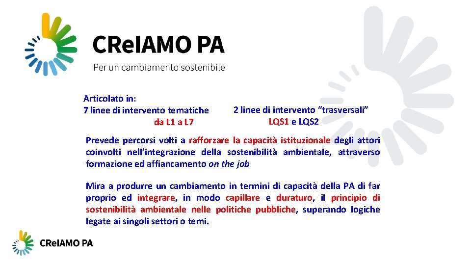 Articolato in: 7 linee di intervento tematiche da L 1 a L 7 2