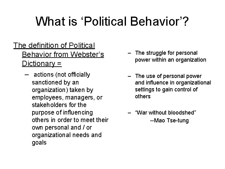 What is ‘Political Behavior’? The definition of Political Behavior from Webster’s Dictionary = –
