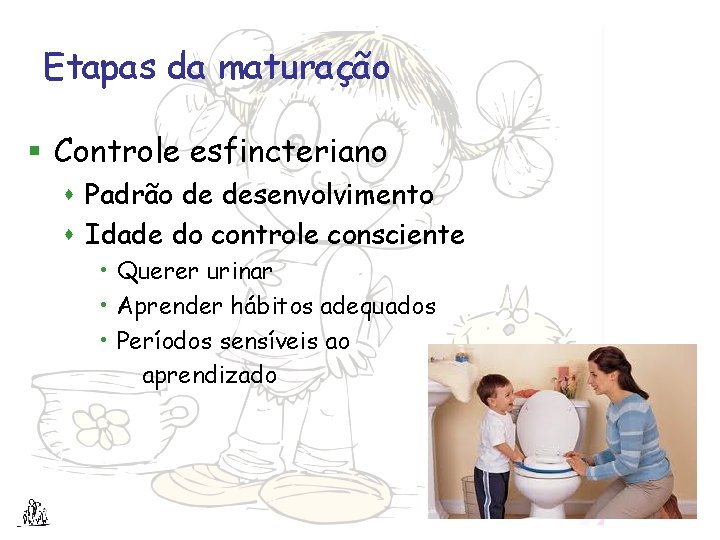 Etapas da maturação § Controle esfincteriano s Padrão de desenvolvimento s Idade do controle