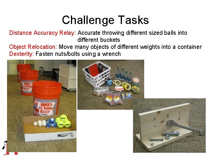 Challenge Tasks Distance Accuracy Relay: Accurate throwing different sized balls into different buckets Object