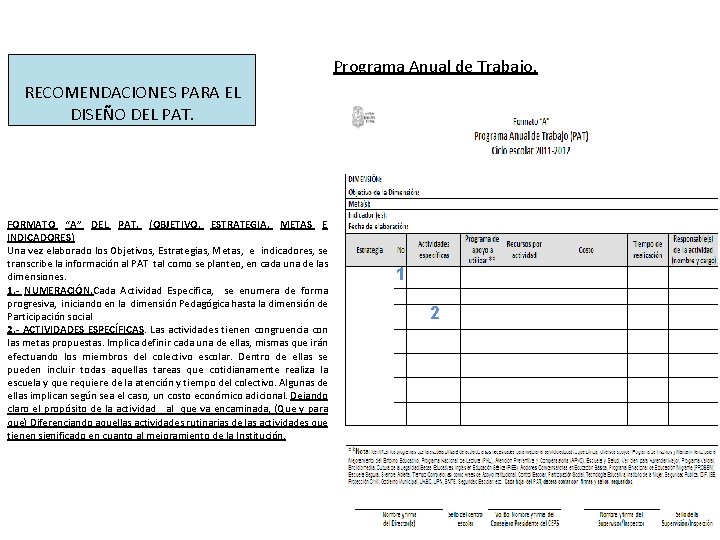 Programa Anual de Trabajo. RECOMENDACIONES PARA EL DISEÑO DEL PAT. FORMATO “A” DEL PAT.