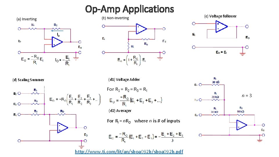 Op-Amp Applications (c) Voltage follower IO (d) Scaling Summer (d 1) Voltage Adder n