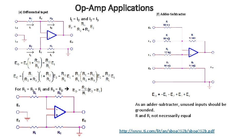 (e) Differential Input Ef Op-Amp Applications I 1 = IO and I 2 =