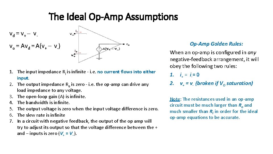 The Ideal Op-Amp Assumptions vd = v+ – vvo = Avd = A(v+ –