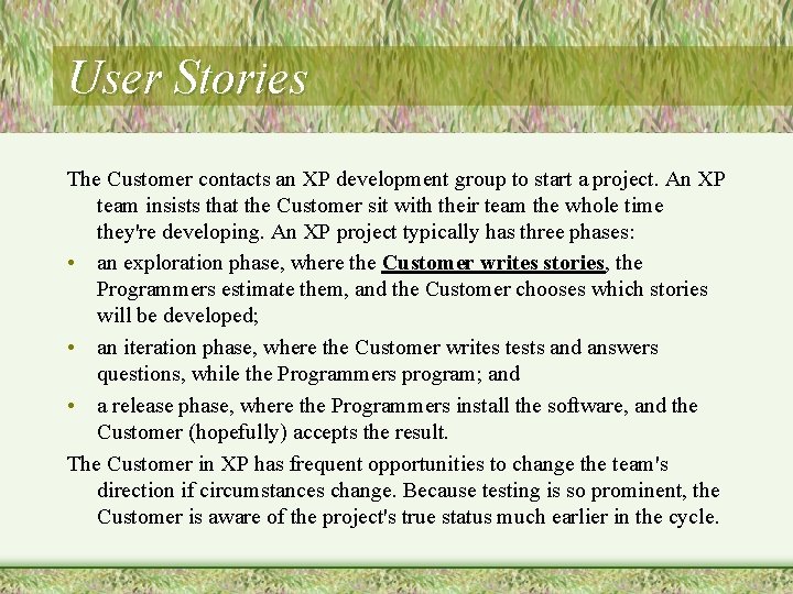 User Stories The Customer contacts an XP development group to start a project. An User Stories The Customer contacts an XP development group to start a project. An