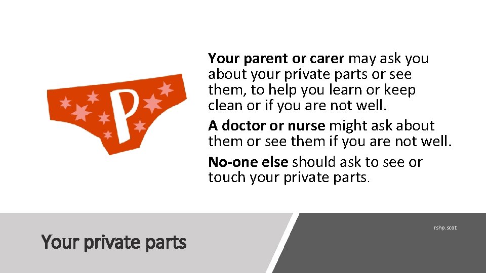 Your parent or carer may ask you about your private parts or see them,