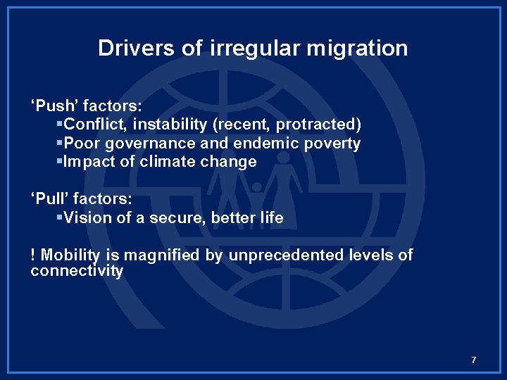 Drivers of irregular migration ‘Push’ factors: §Conflict, instability (recent, protracted) §Poor governance and endemic
