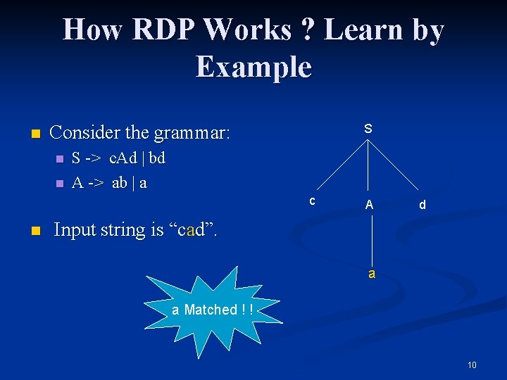 How RDP Works ? Learn by Example n Consider the grammar: n n S
