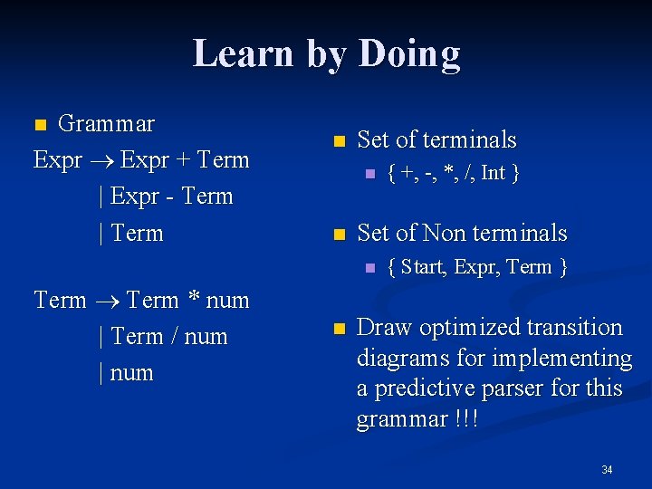 Learn by Doing Grammar Expr + Term | Expr - Term | Term n