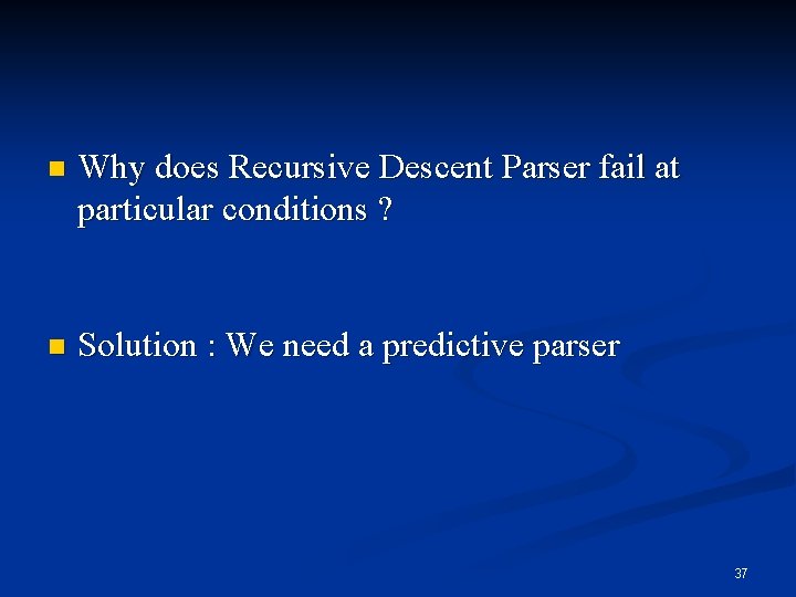 n Why does Recursive Descent Parser fail at particular conditions ? n Solution :