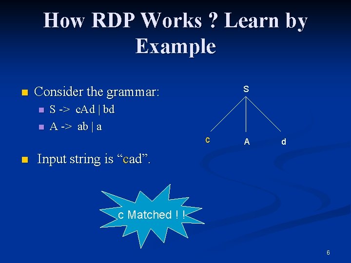 How RDP Works ? Learn by Example n Consider the grammar: n n S