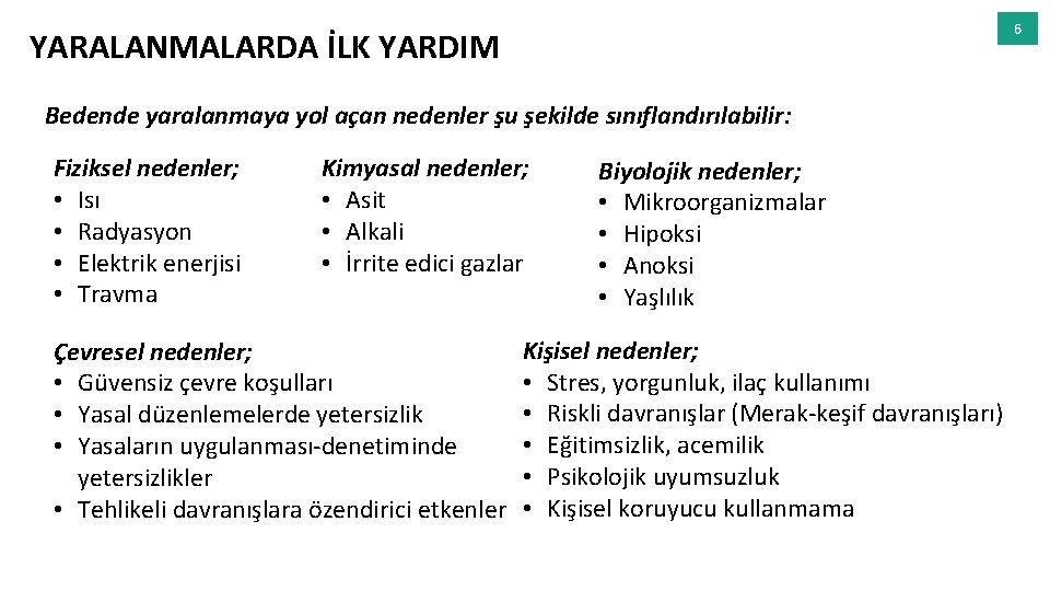 6 YARALANMALARDA İLK YARDIM Bedende yaralanmaya yol açan nedenler şu şekilde sınıflandırılabilir: Fiziksel nedenler;