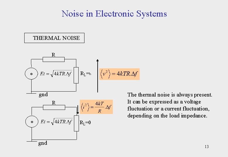 Noise in Electronic Systems THERMAL NOISE R RL=h * gnd The thermal noise is