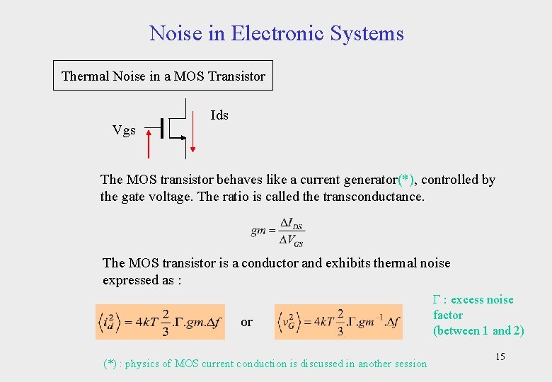 Noise in Electronic Systems Thermal Noise in a MOS Transistor Vgs Ids The MOS